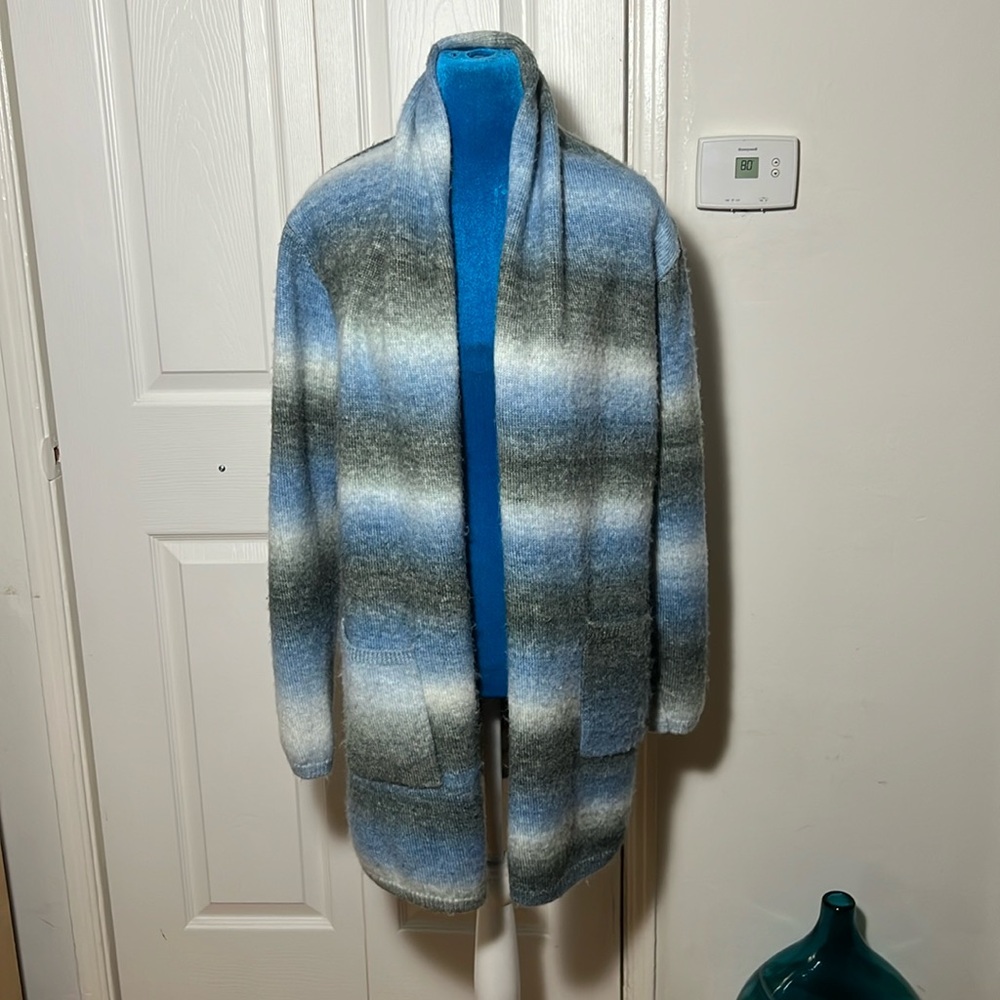 ESSITAM Blue Stripe Wool Cardigan Sweater Medium